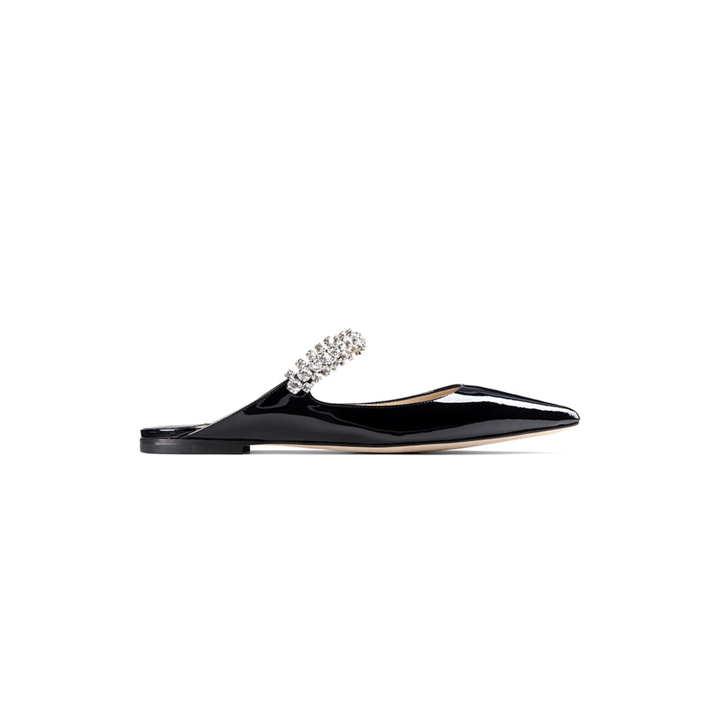 J1m*y Ch00 black patent leather mules with crystal strap bingflatpat010003
